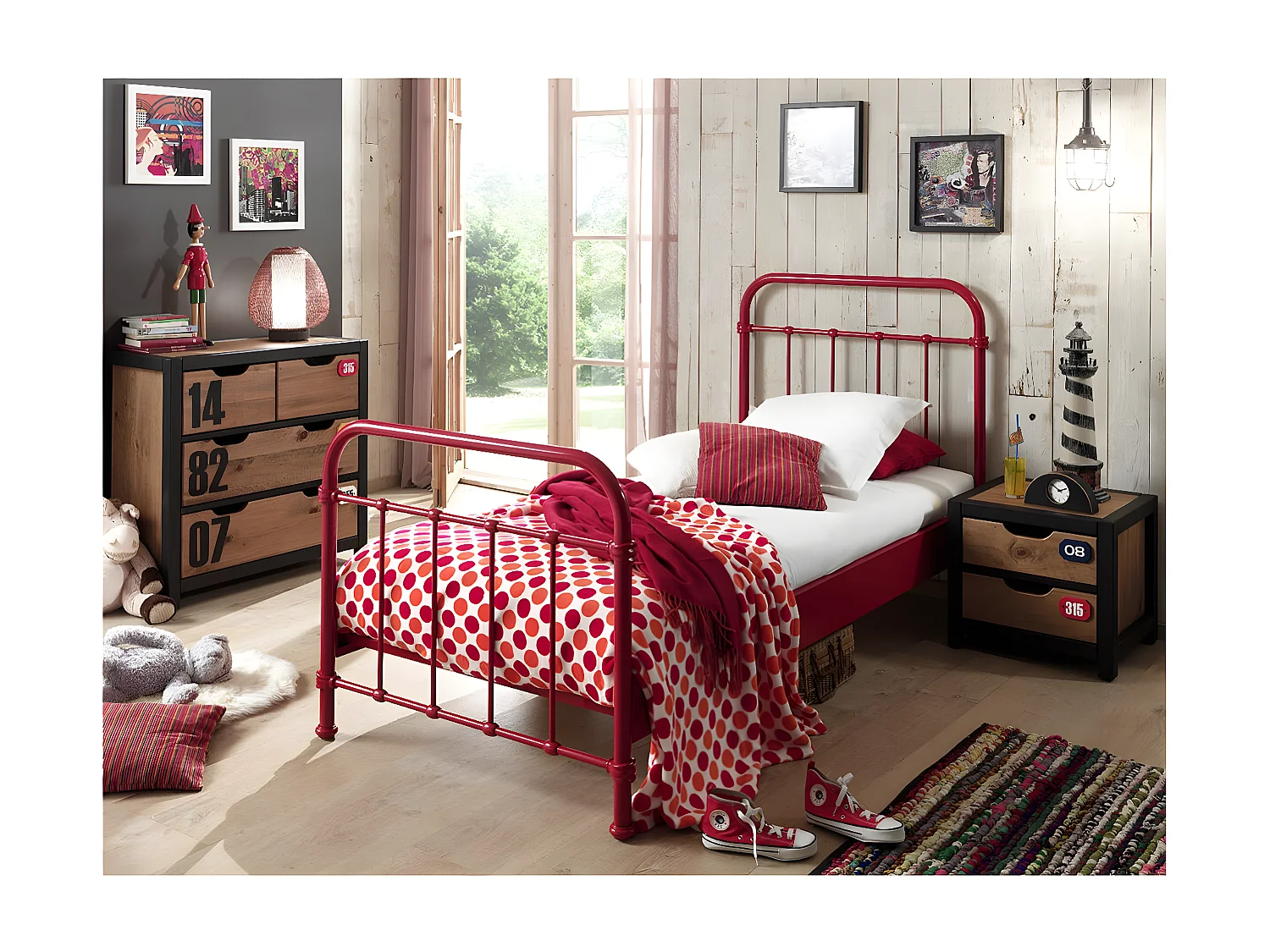 ARTEMIS - Lit à Barreaux 90x200cm en Métal Rouge