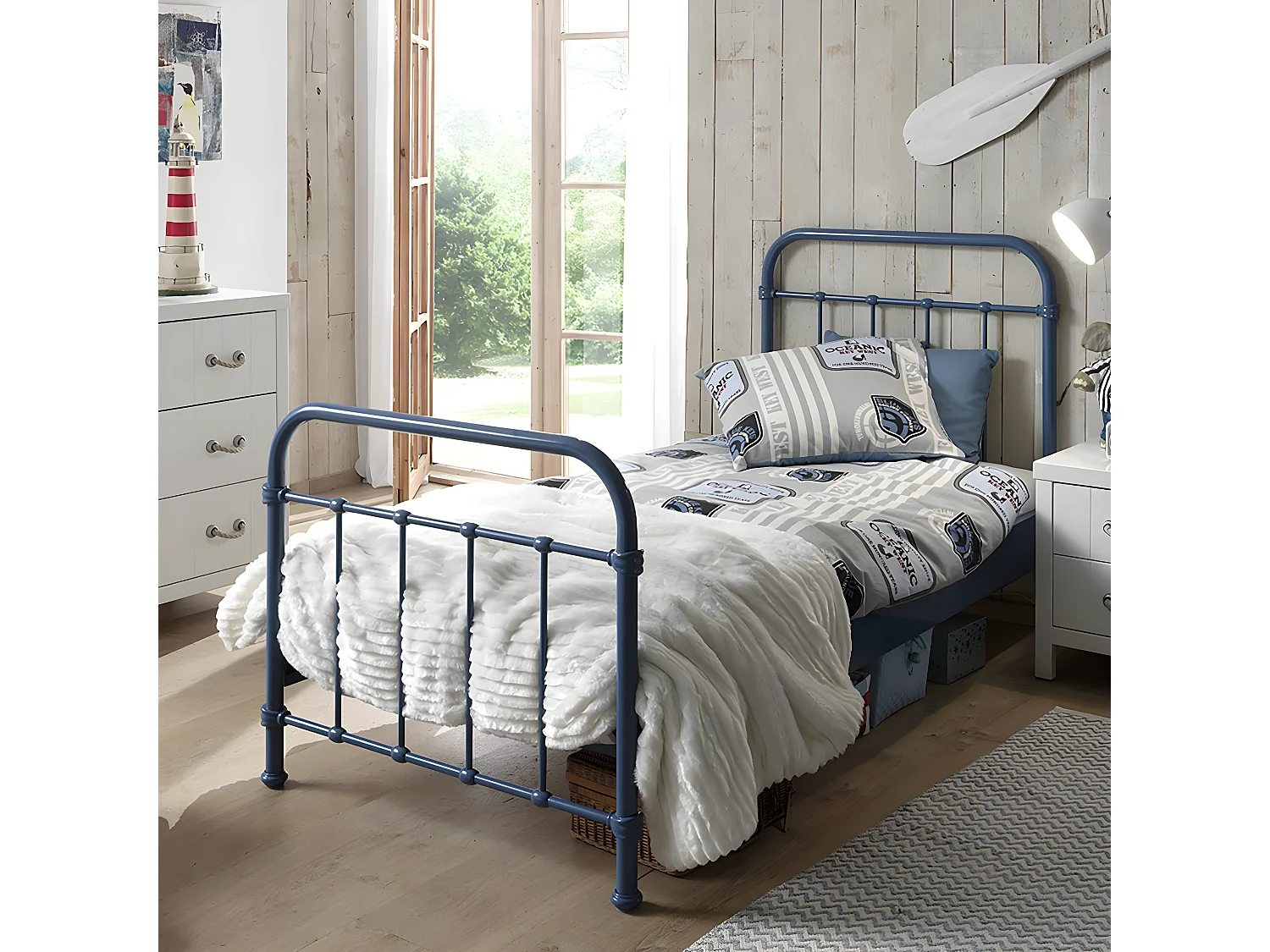 ARTEMIS - Lit à Barreaux 90x200cm en Métal Bleu