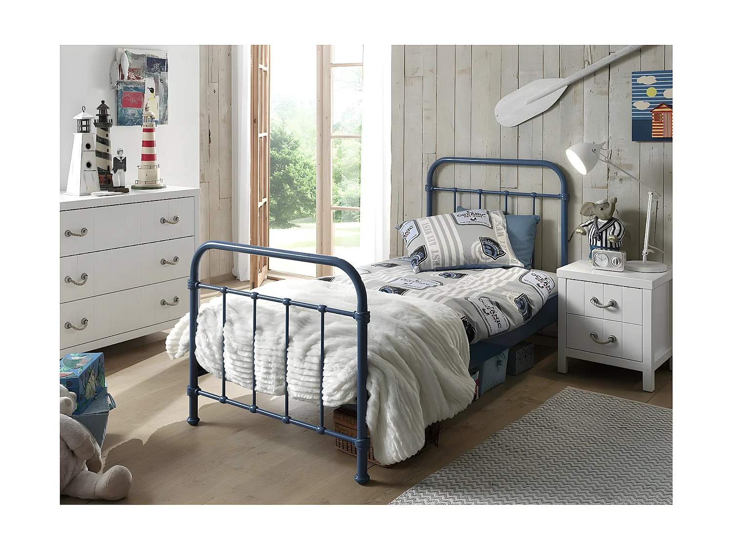 ARTEMIS - Lit à Barreaux 90x200cm en Métal Bleu