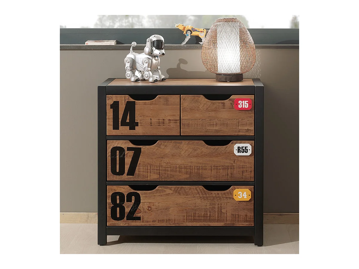 TCHAD - Commode 4 Tiroirs en Pin Massif avec Motifs