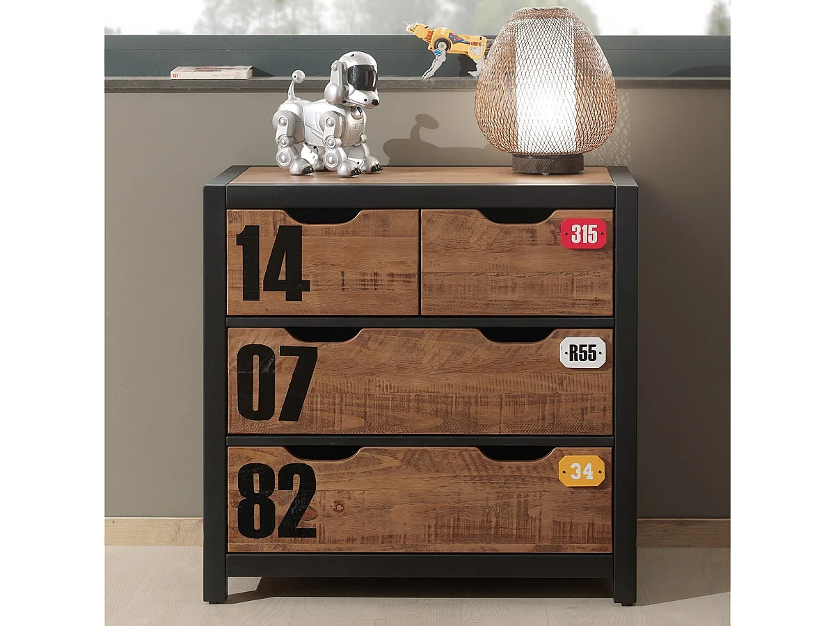 TCHAD - Commode 4 Tiroirs en Pin Massif avec Motifs