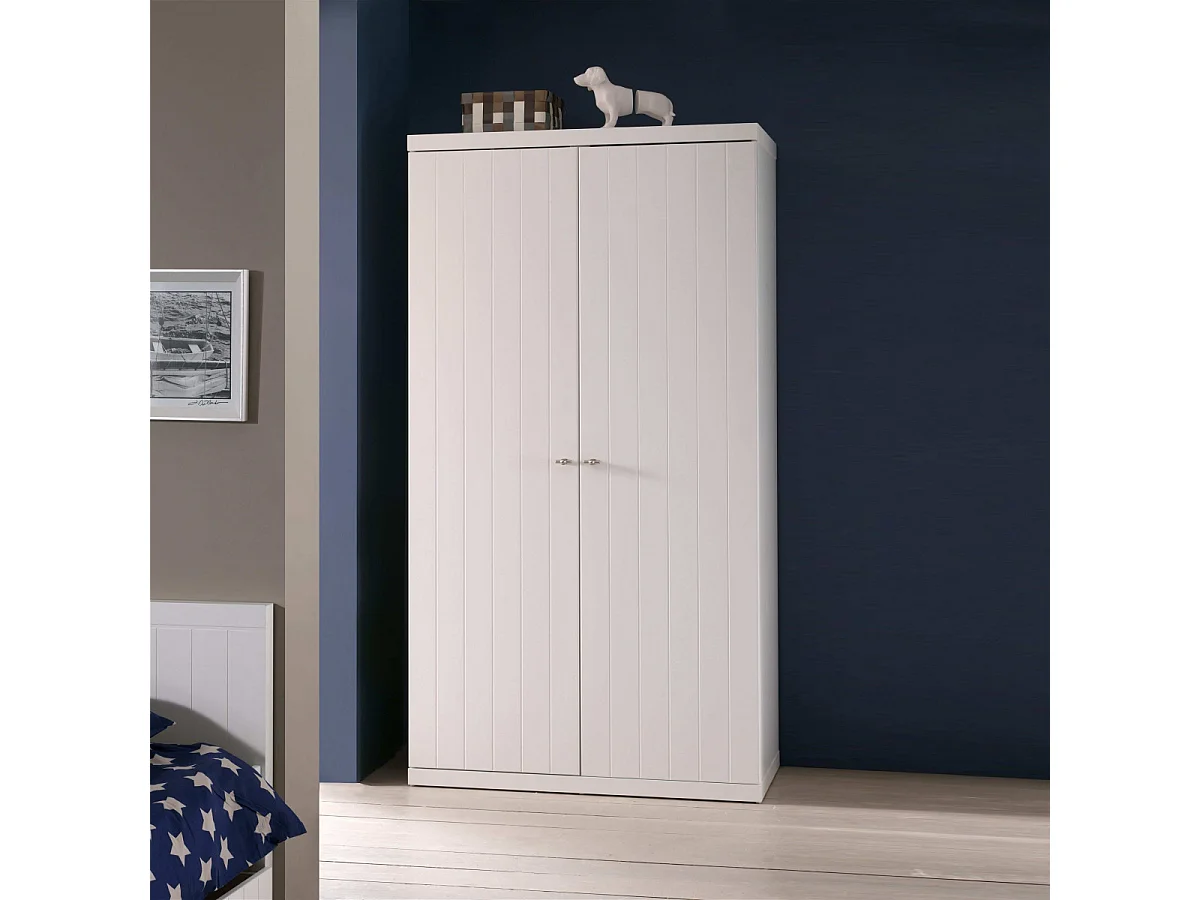 CLEO - Armoire 2 Portes Effet Lambris Blanc Laqué