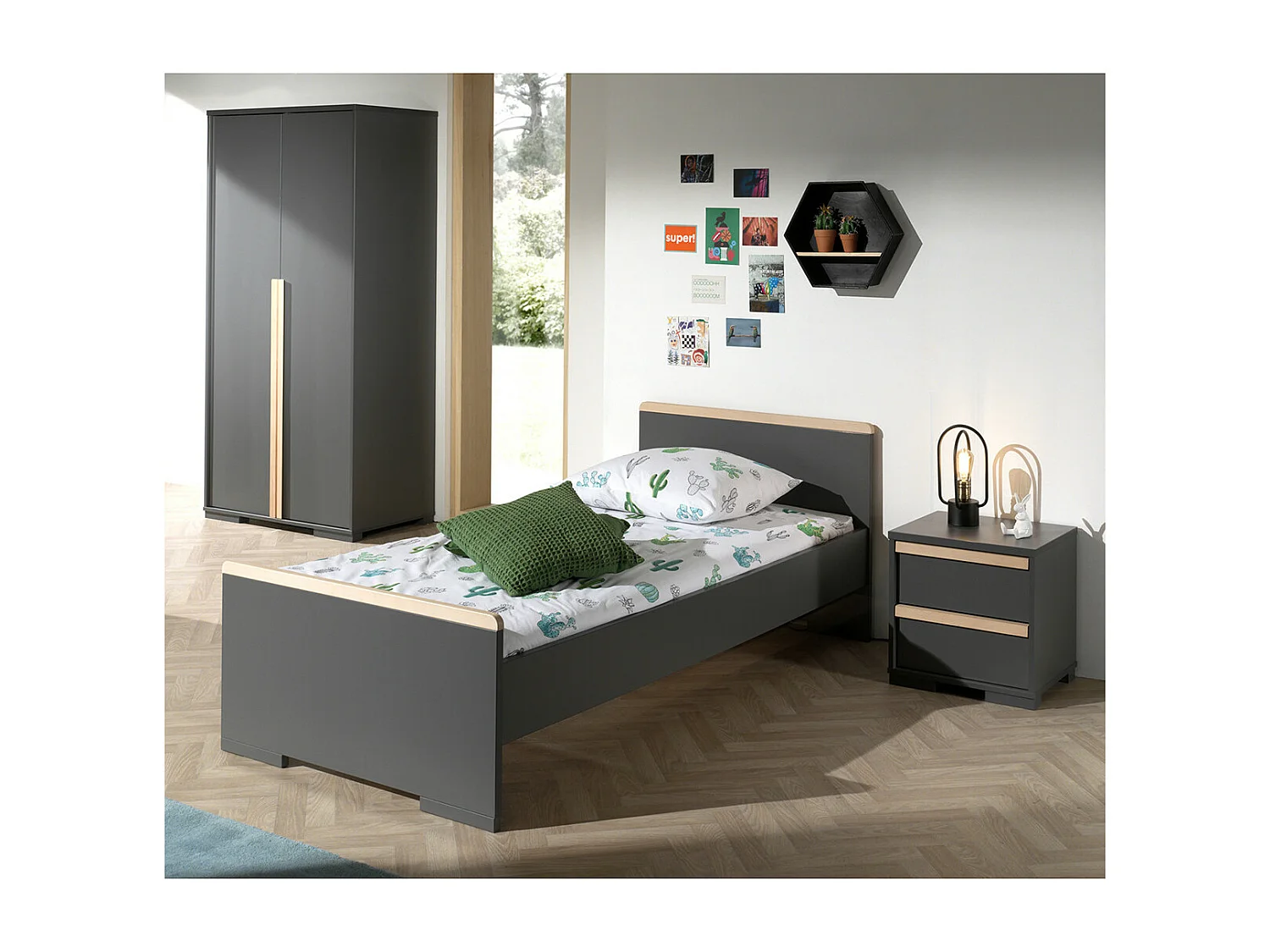 NASH DARK - Armoire 2 Portes Anthracite et Bois