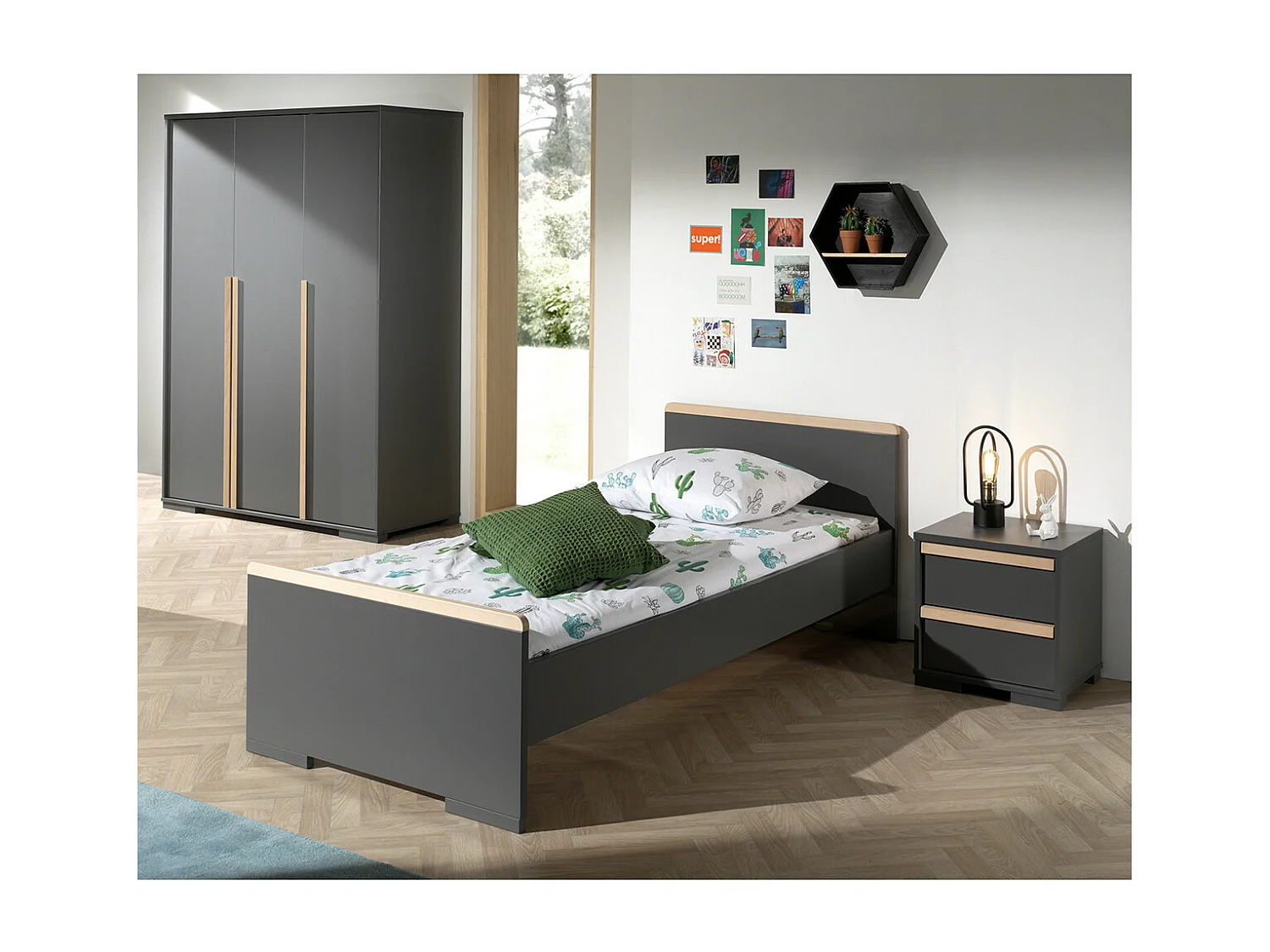 NASH DARK - Armoire 3 Portes Anthracite et Bois