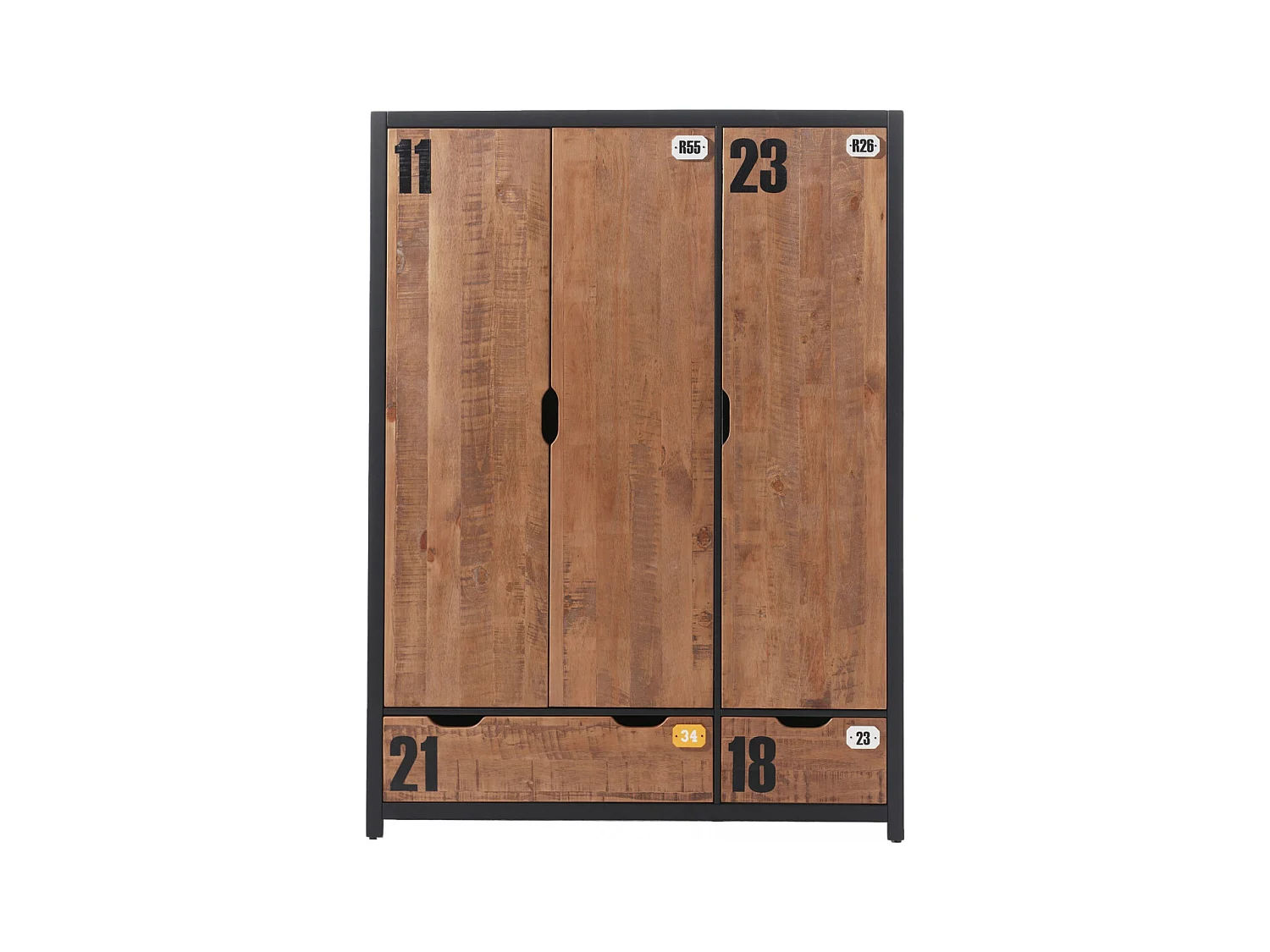 TCHAD - Armoire 3 Portes 2 Tiroirs en Pin Massif avec Motifs