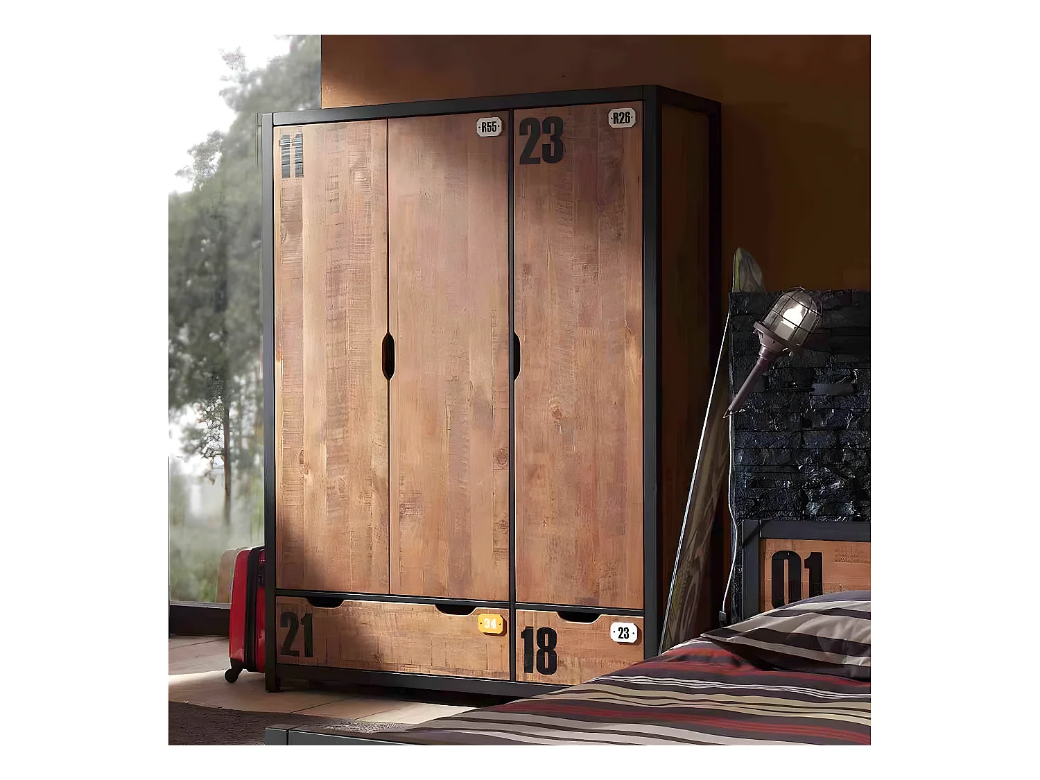 TCHAD - Armoire 3 Portes 2 Tiroirs en Pin Massif avec Motifs