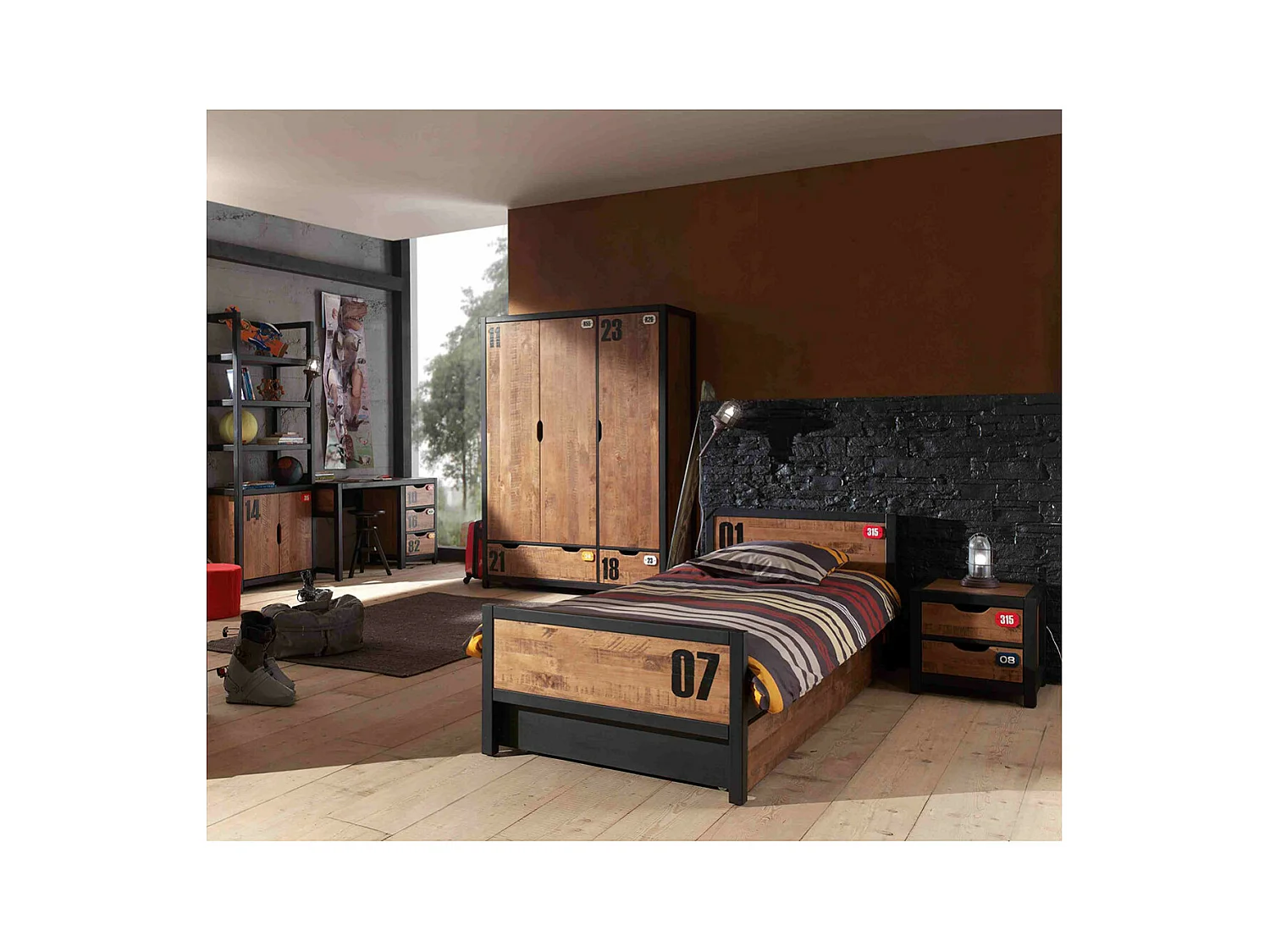 TCHAD - Armoire 3 Portes 2 Tiroirs en Pin Massif avec Motifs