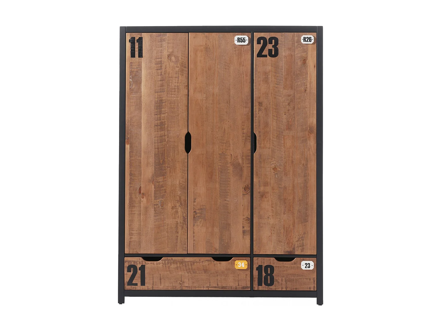 TCHAD - Armoire 3 Portes 2 Tiroirs en Pin Massif avec Motifs