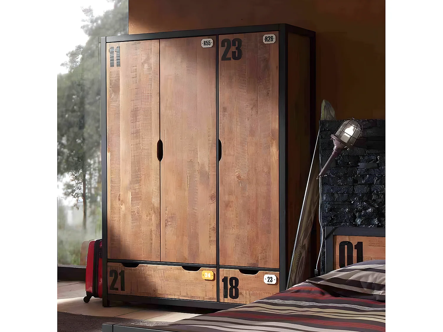 TCHAD - Armoire 3 Portes 2 Tiroirs en Pin Massif avec Motifs