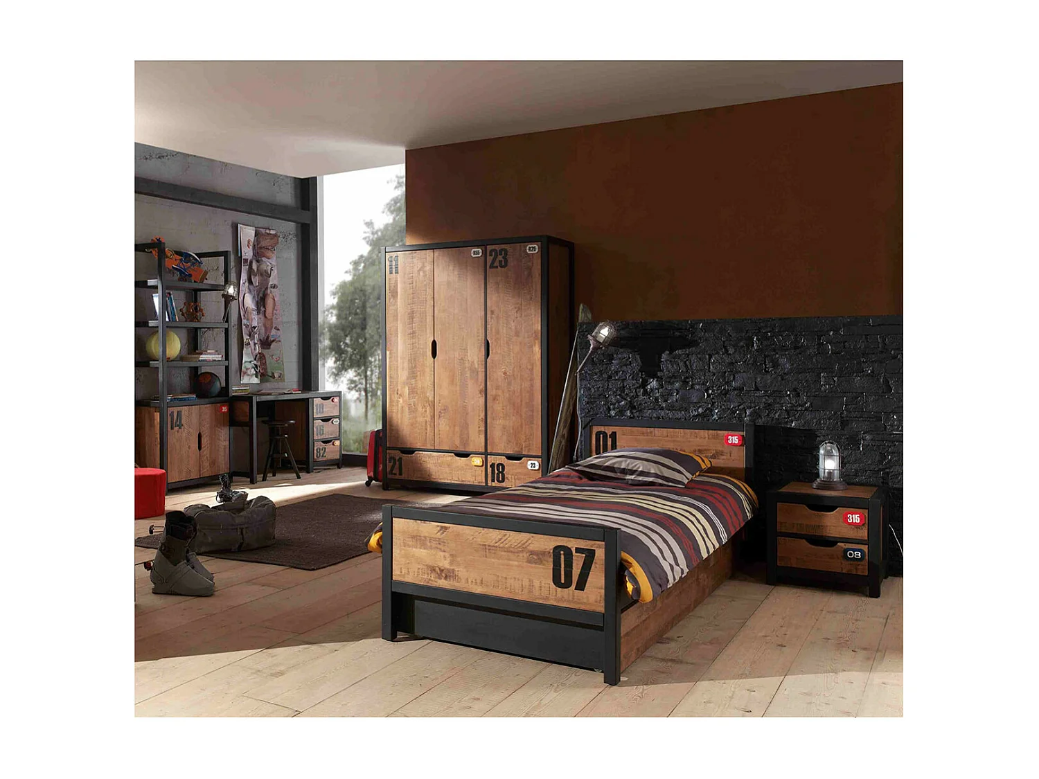 TCHAD - Armoire 3 Portes 2 Tiroirs en Pin Massif avec Motifs