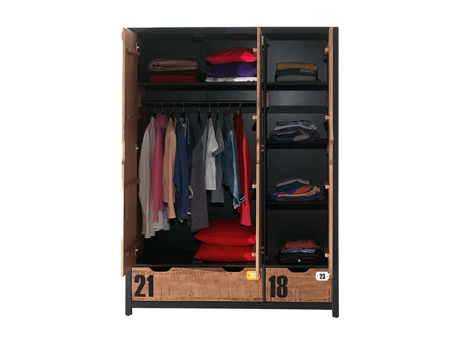 TCHAD - Armoire 3 Portes 2 Tiroirs en Pin Massif avec Motifs