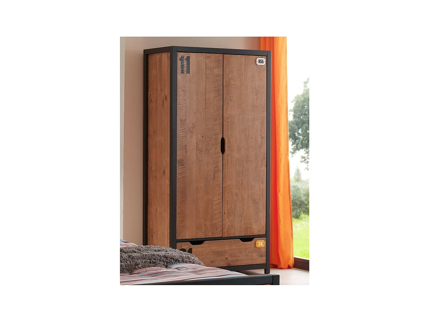 TCHAD - Armoire 2 Portes 1 Tiroir en Pin Massif avec Motifs