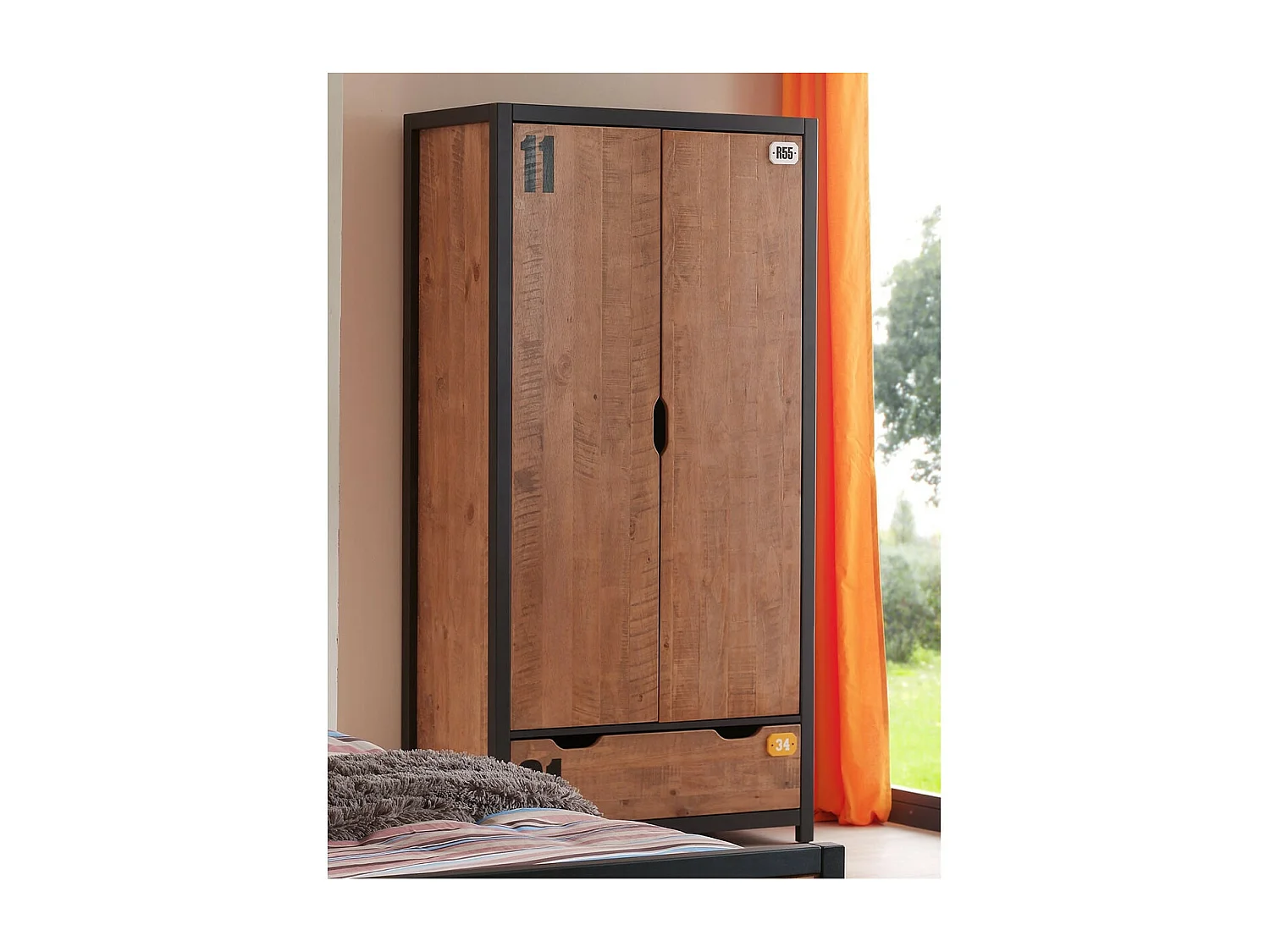 TCHAD - Armoire 2 Portes 1 Tiroir en Pin Massif avec Motifs