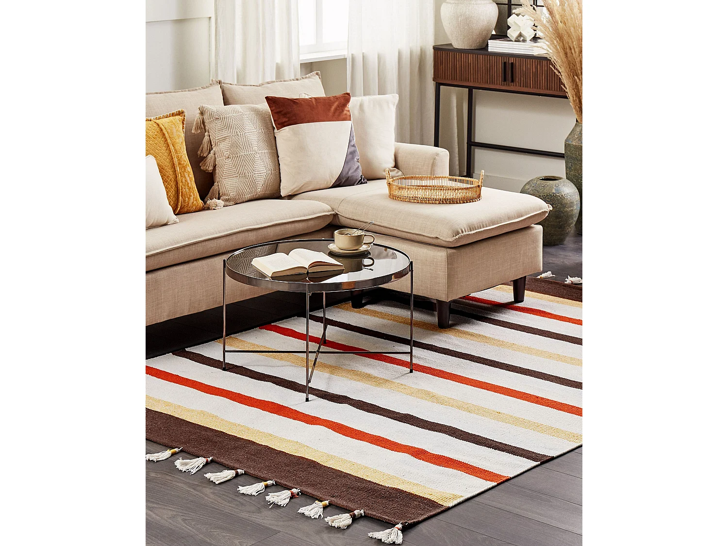 Teppich Baumwolle braun/beige gestreiftes Muster 140x200 cm mit Fransen Hisarli