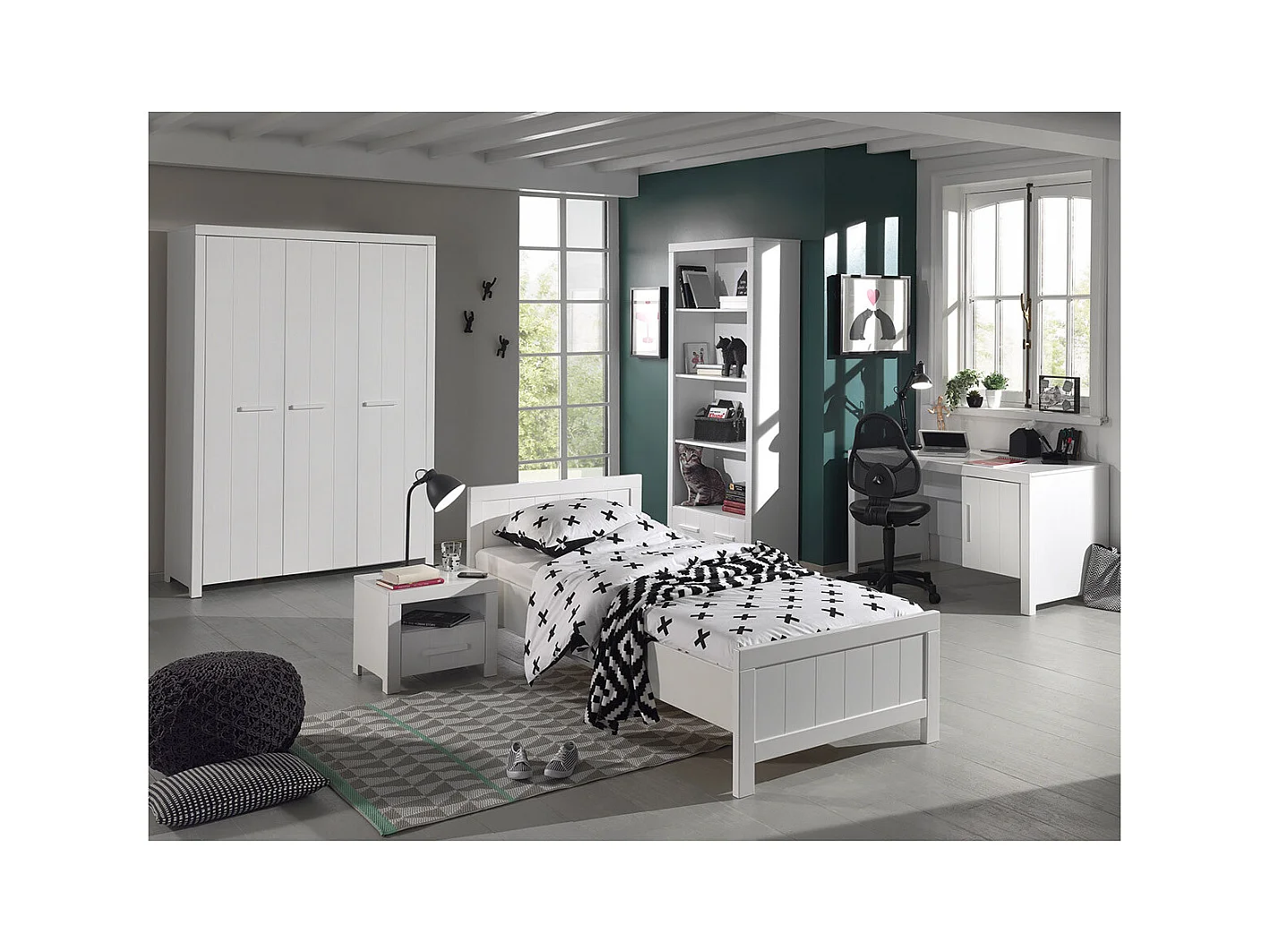 GASTON - Lit 90x200cm + Chevet + Armoire 3P + Pack Bureau