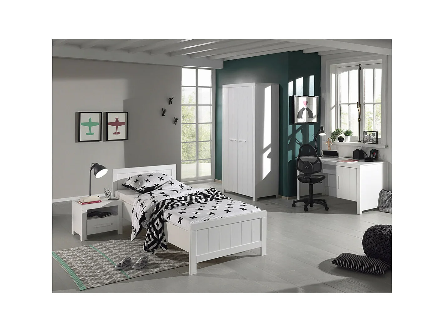 GASTON - Lit 90x200cm + Chevet + Armoire 2 Portes + Bureau