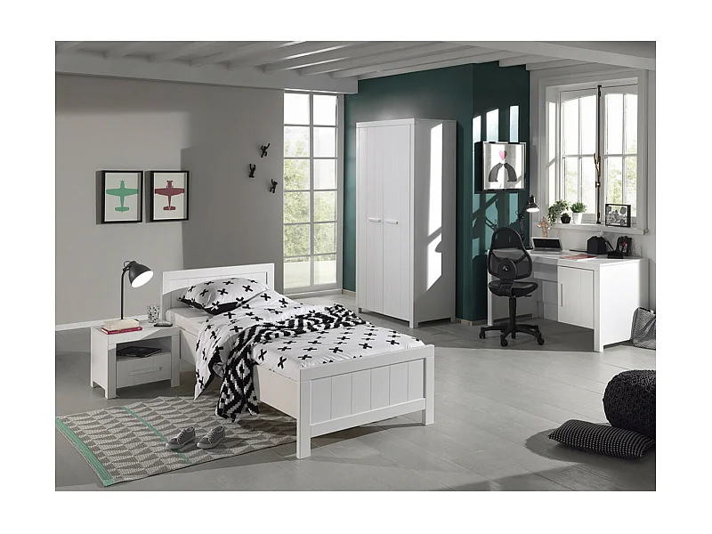 GASTON - Lit 90x200cm + Chevet + Armoire 2 Portes + Bureau