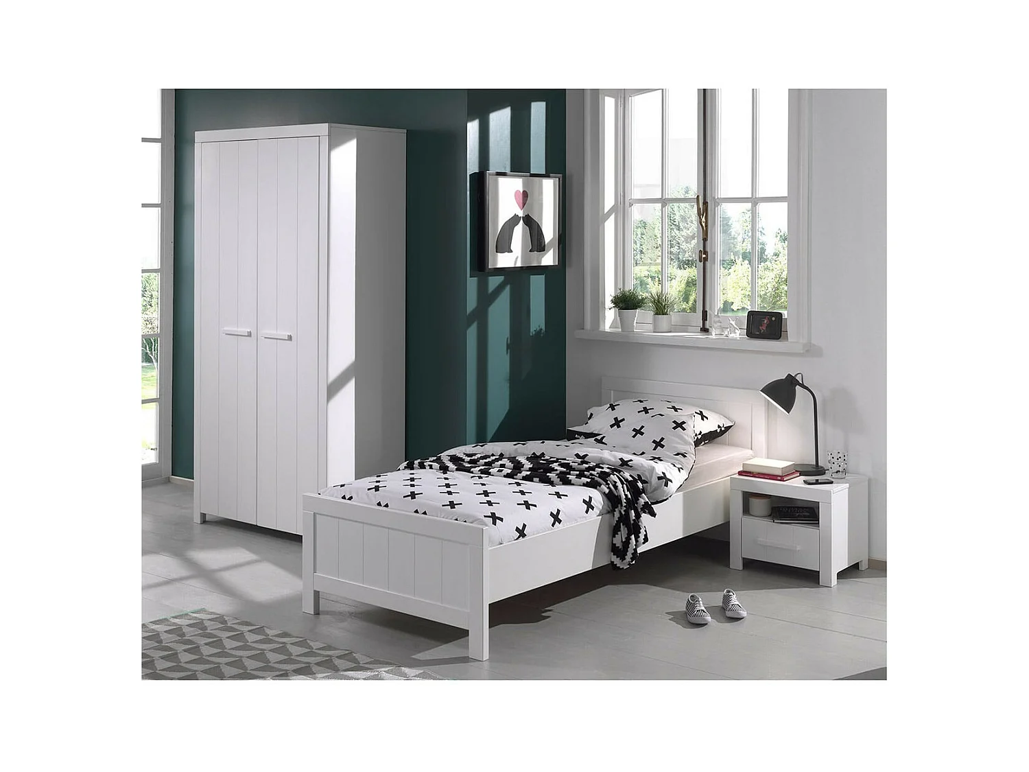 GASTON - Pack Lit 90x200cm + Chevet + Armoire 2 Portes