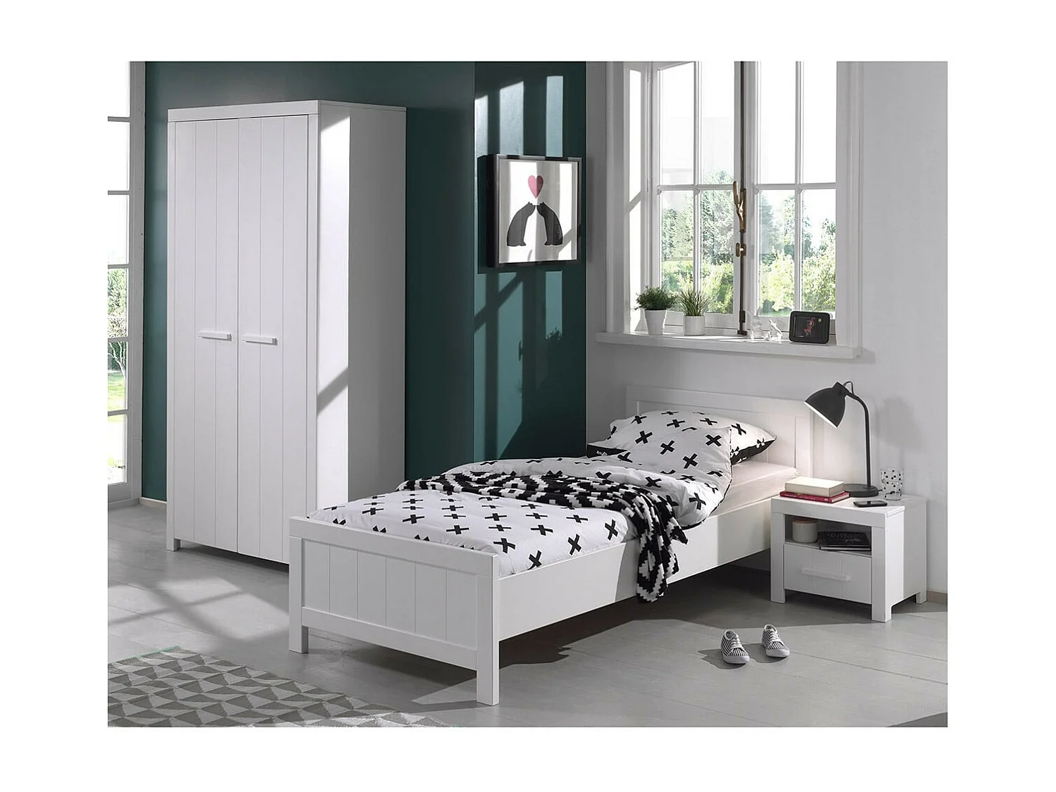 GASTON - Pack Lit 90x200cm + Chevet + Armoire 2 Portes