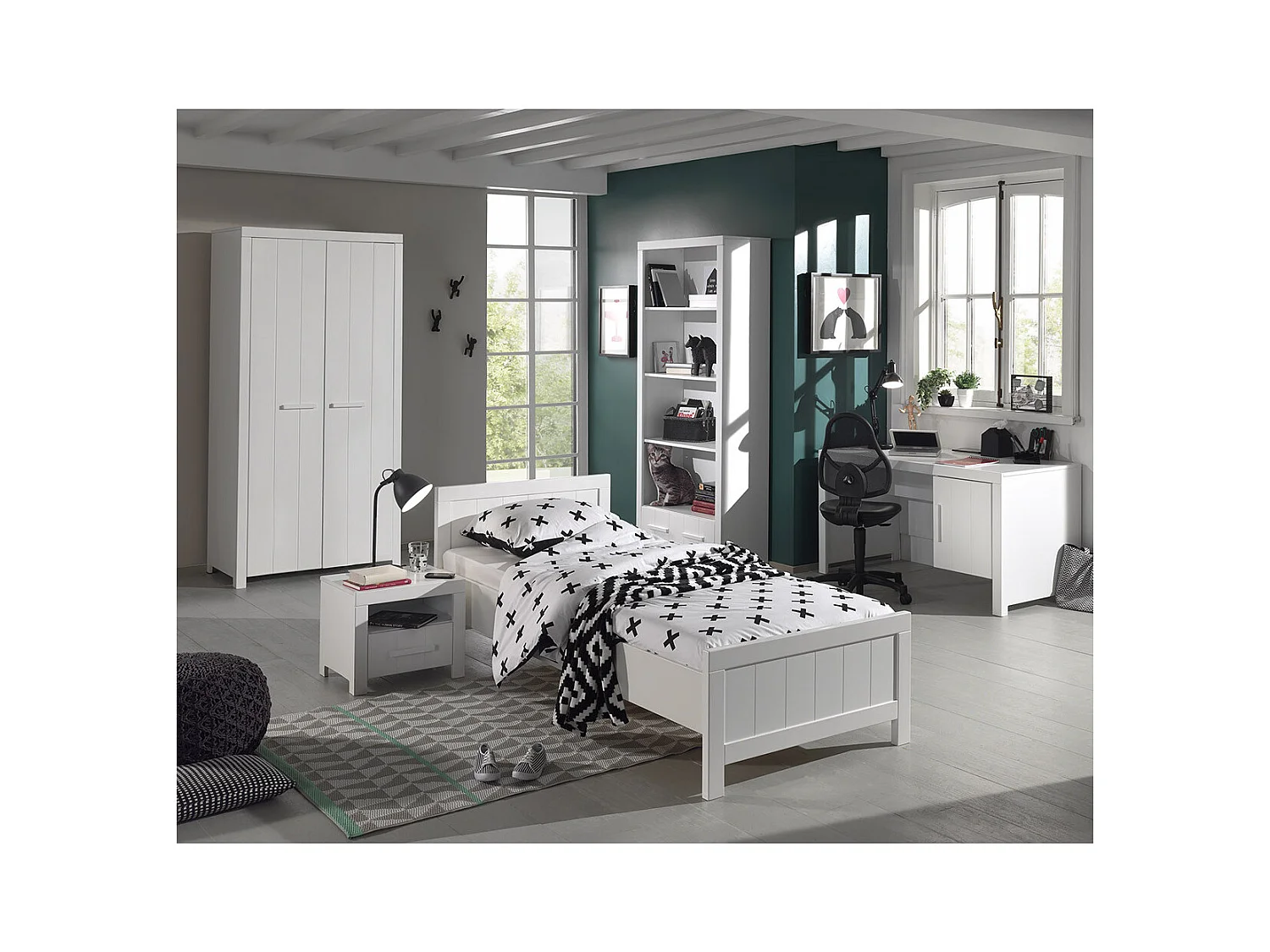 GASTON - Lit 90x200cm + Chevet + Armoire 2P + Pack Bureau