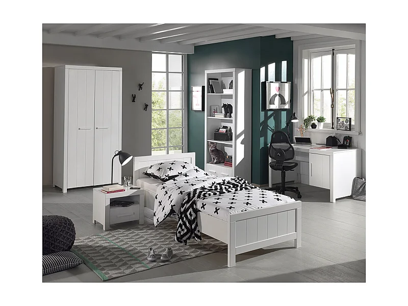 GASTON - Lit 90x200cm + Chevet + Armoire 2P + Pack Bureau