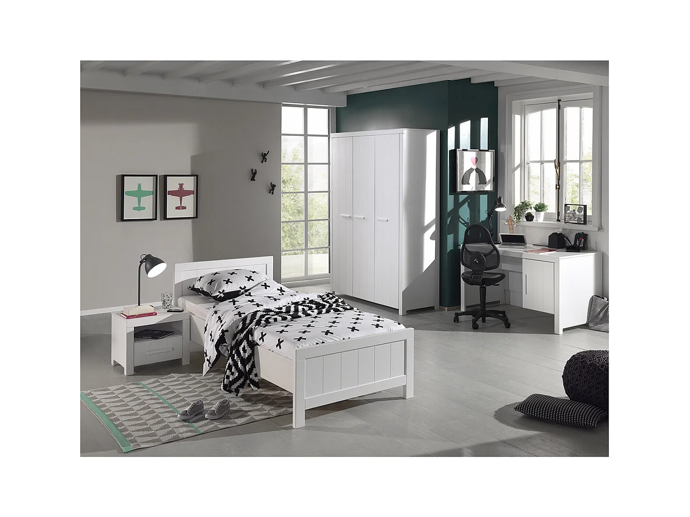 GASTON - Lit 90x200cm + Chevet + Armoire 3 Portes + Bureau