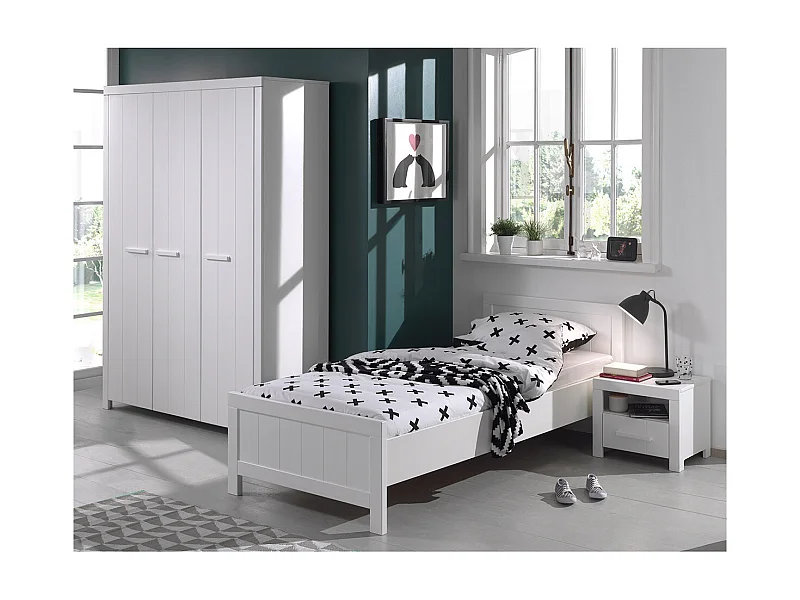 GASTON - Pack Lit 90x200cm + Chevet + Armoire 3 Portes