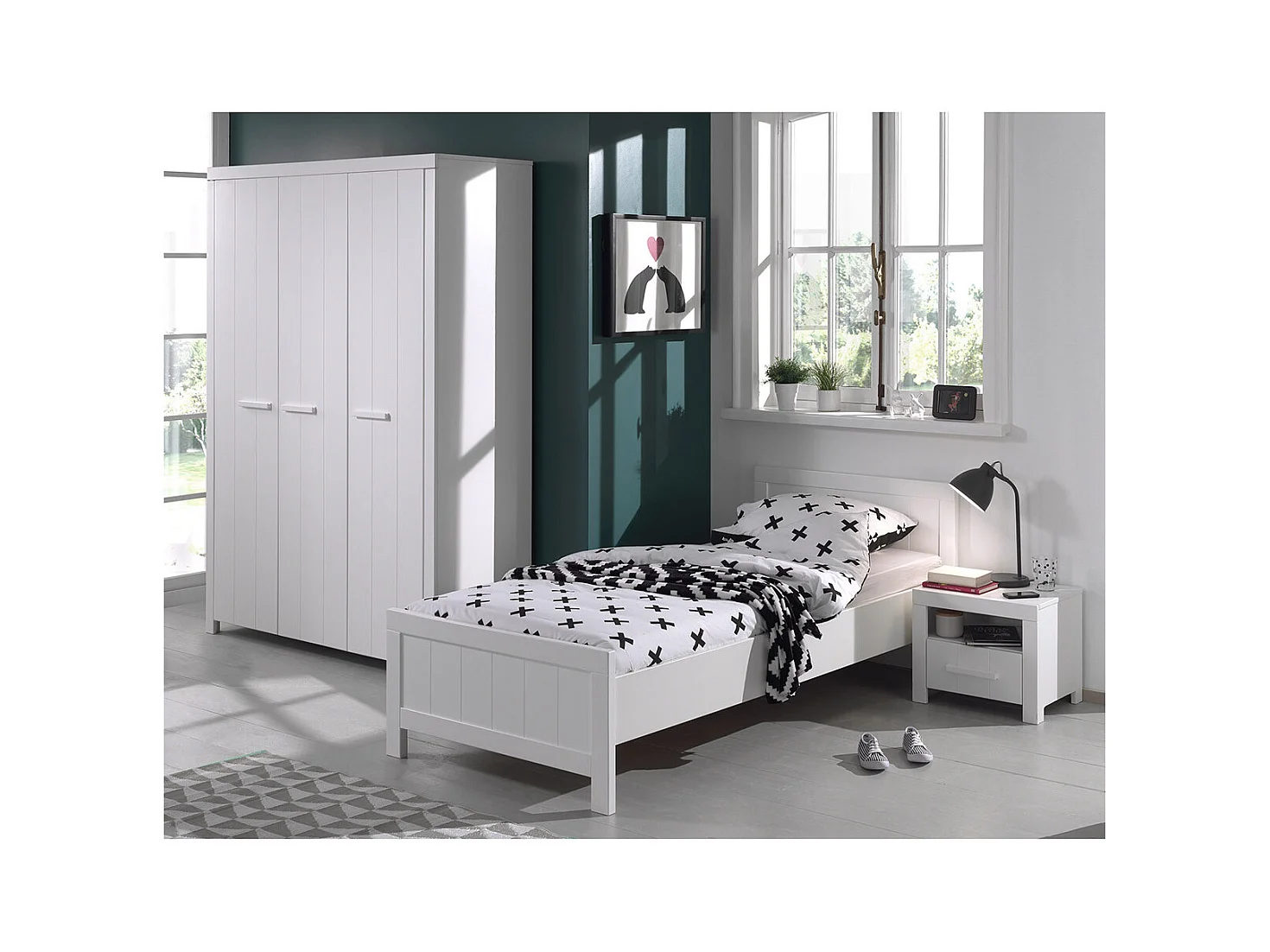 GASTON - Pack Lit 90x200cm + Chevet + Armoire 3 Portes
