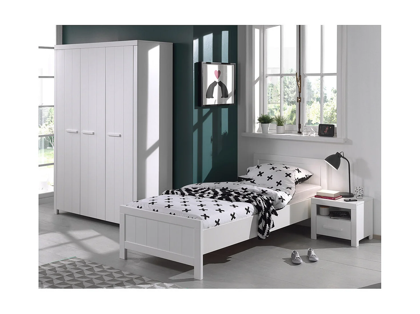 GASTON - Pack Lit 90x200cm + Chevet + Armoire 3 Portes