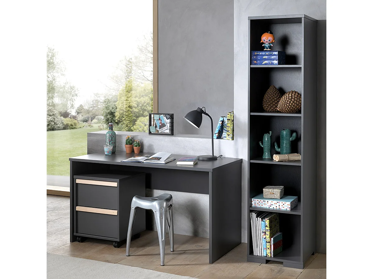NASH DARK - Pack Bureau + Caisson Rangement + Bibliothèque