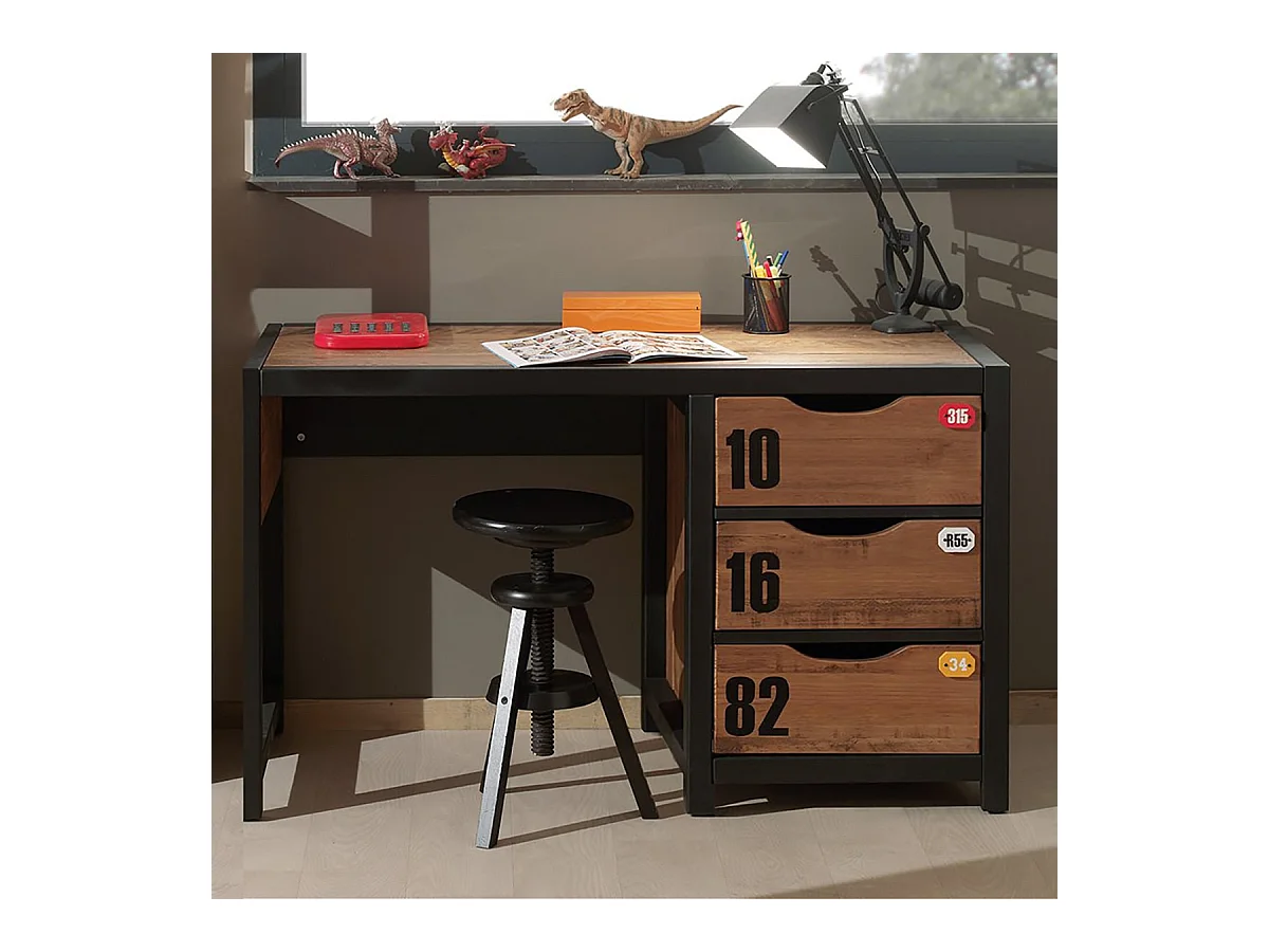 TCHAD - Bureau 3 Tiroirs en Pin Massif avec Motifs