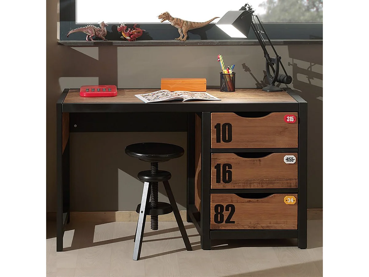 TCHAD - Bureau 3 Tiroirs en Pin Massif avec Motifs