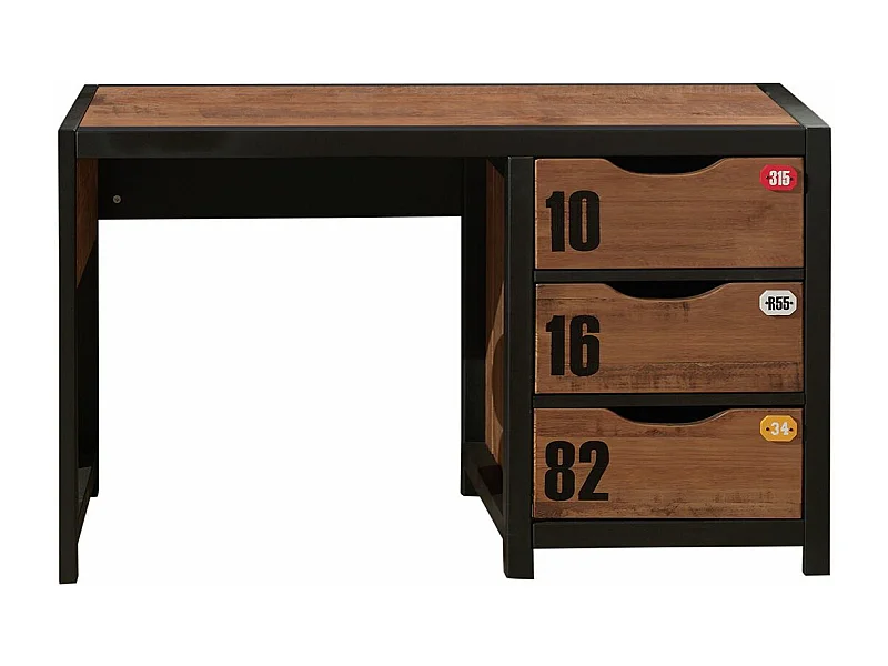 TCHAD - Bureau 3 Tiroirs en Pin Massif avec Motifs