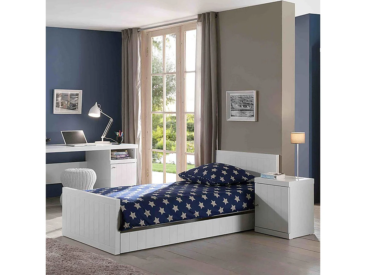 CLEO - Lit 90x200cm Effet Lambris Blanc Laqué