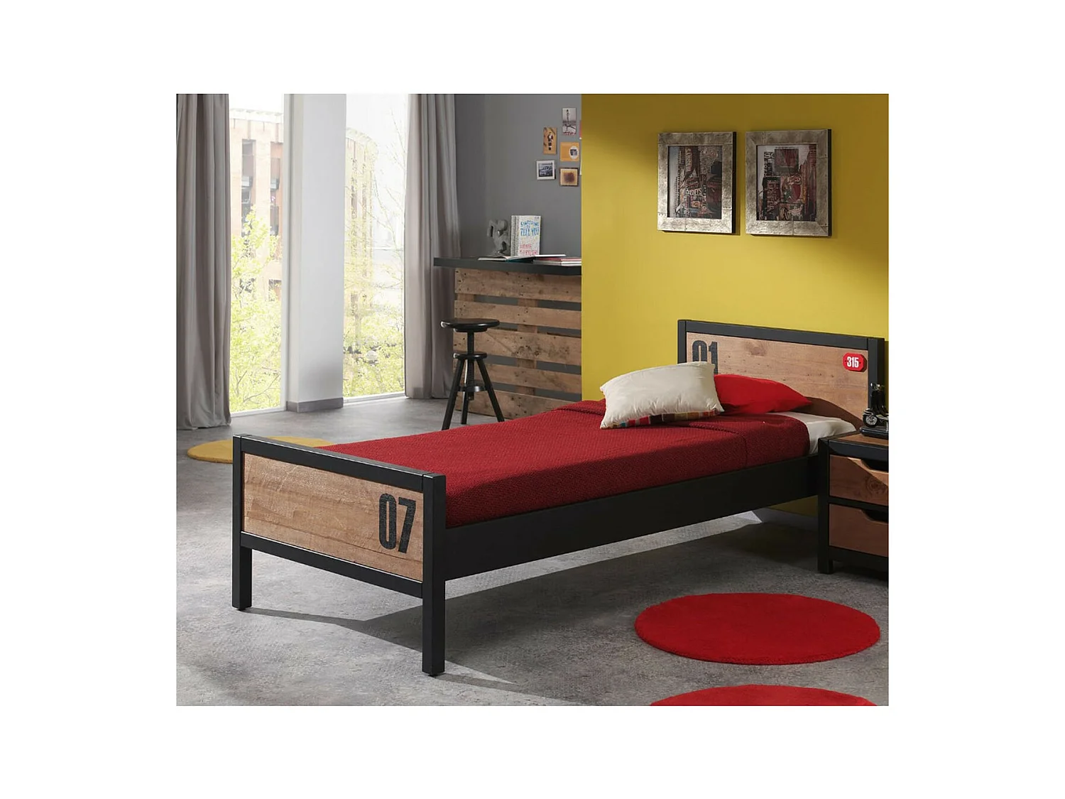 TCHAD - Lit 90x200cm en Pin Massif avec Motifs