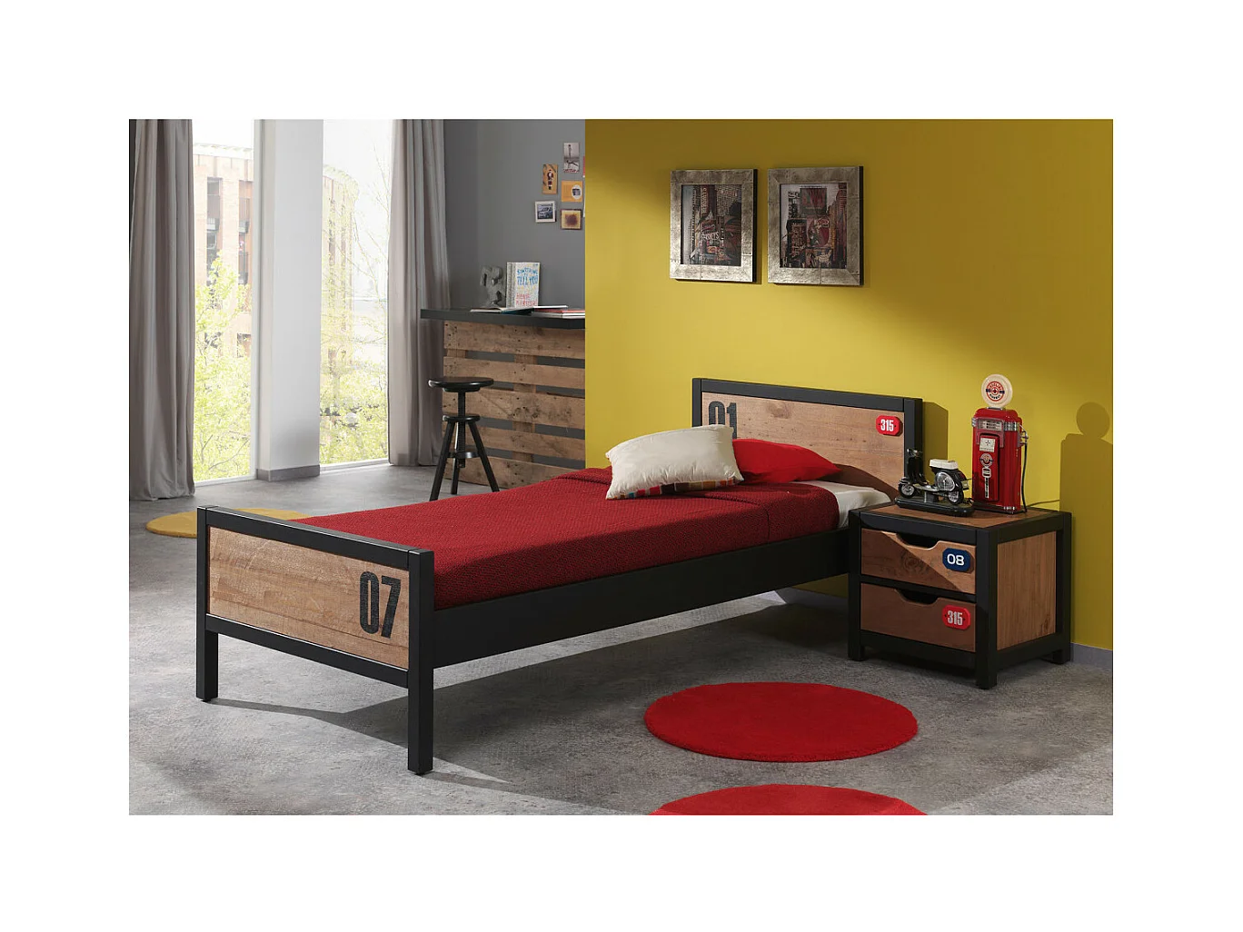 TCHAD - Lit 90x200cm en Pin Massif avec Motifs