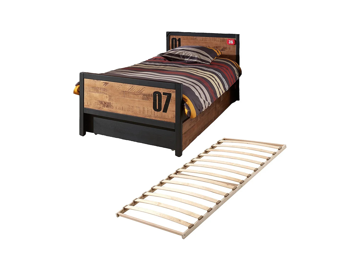 TCHAD - Lit 90x200cm avec Tiroir en Pin Massif et Sommier