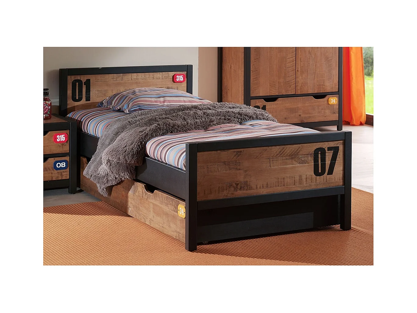 TCHAD - Lit 90x200cm avec Tiroir en Pin Massif et Sommier