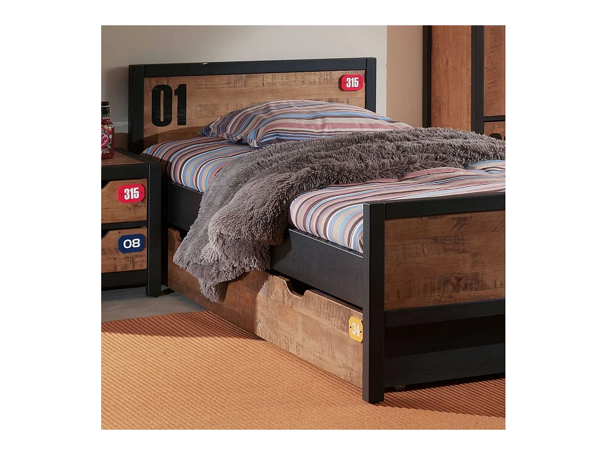 TCHAD - Lit 90x200cm avec Tiroir en Pin Massif et Sommier
