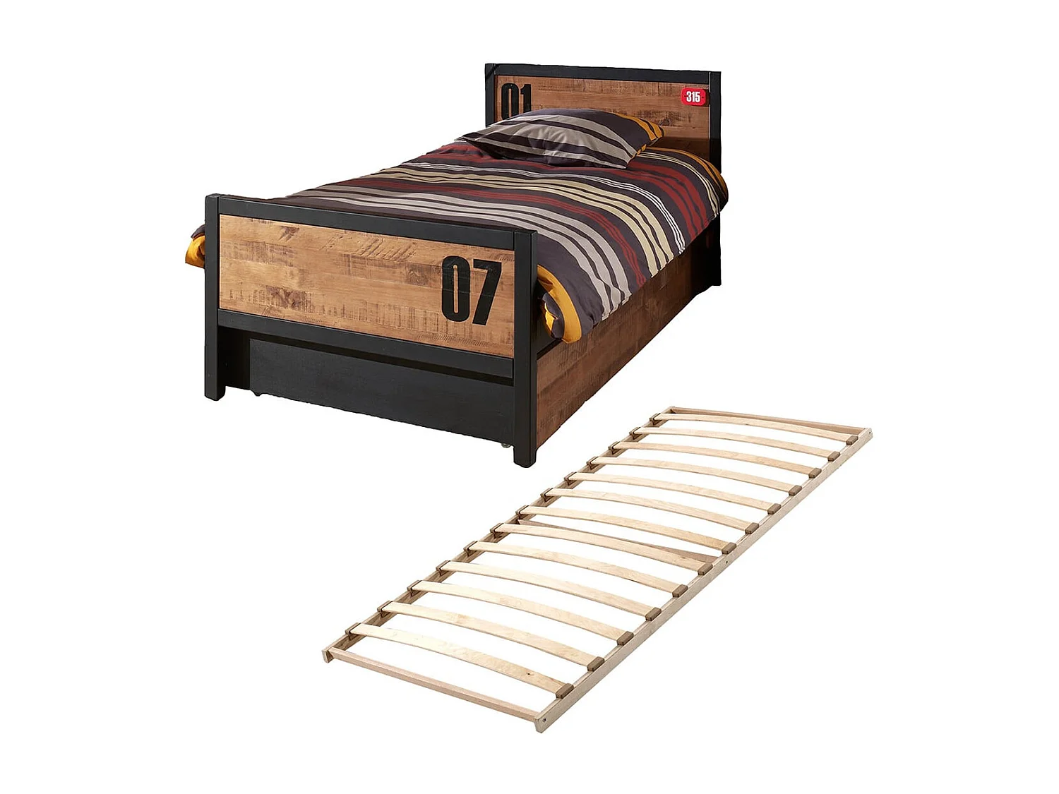 TCHAD - Lit 90x200cm avec Tiroir en Pin Massif et Sommier