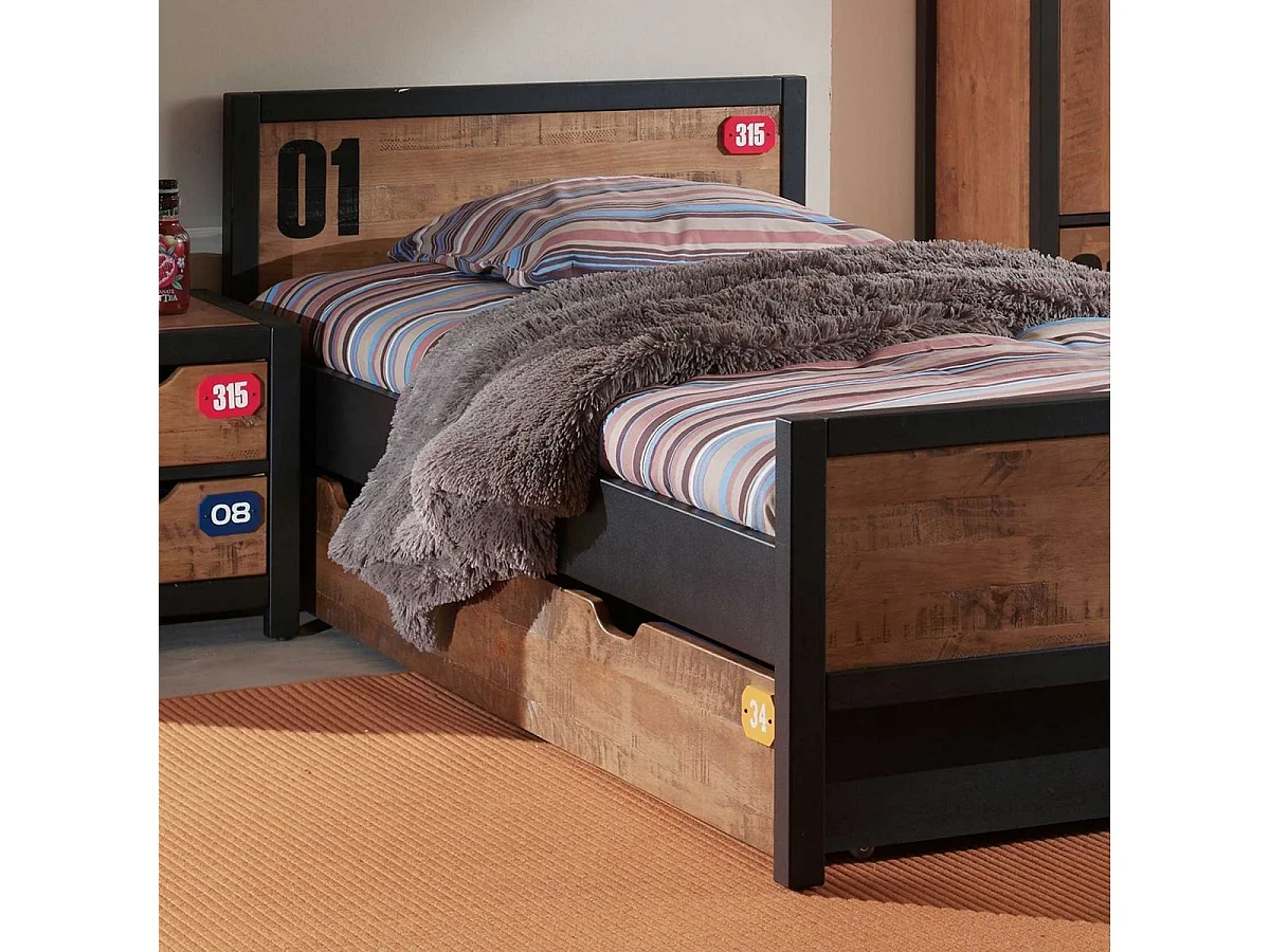 TCHAD - Lit 90x200cm avec Tiroir en Pin Massif et Sommier