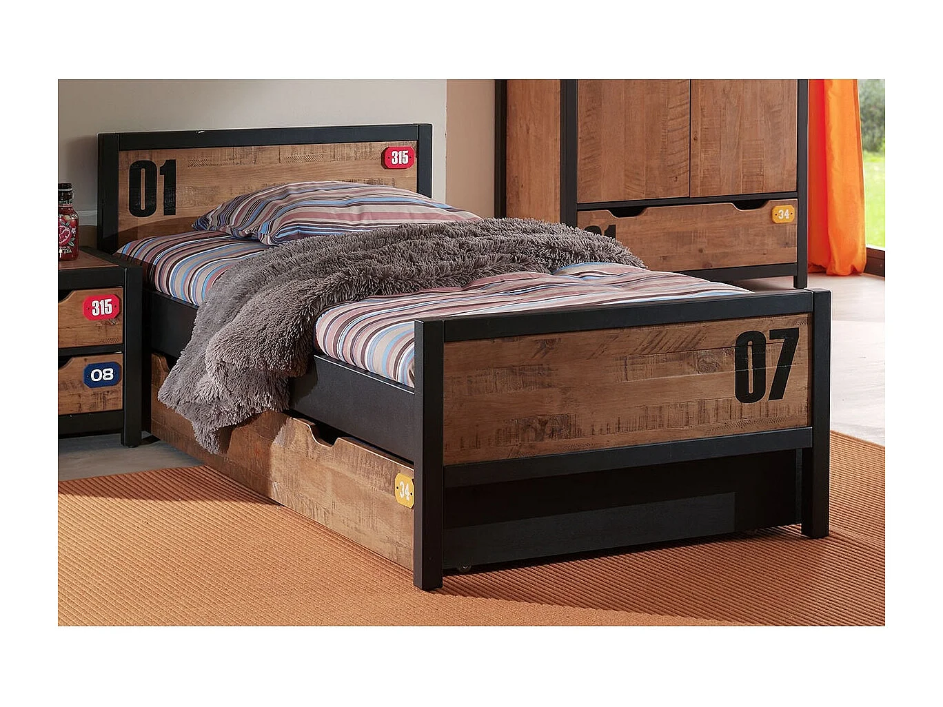 TCHAD - Lit 90x200cm avec Tiroir en Pin Massif et Sommier