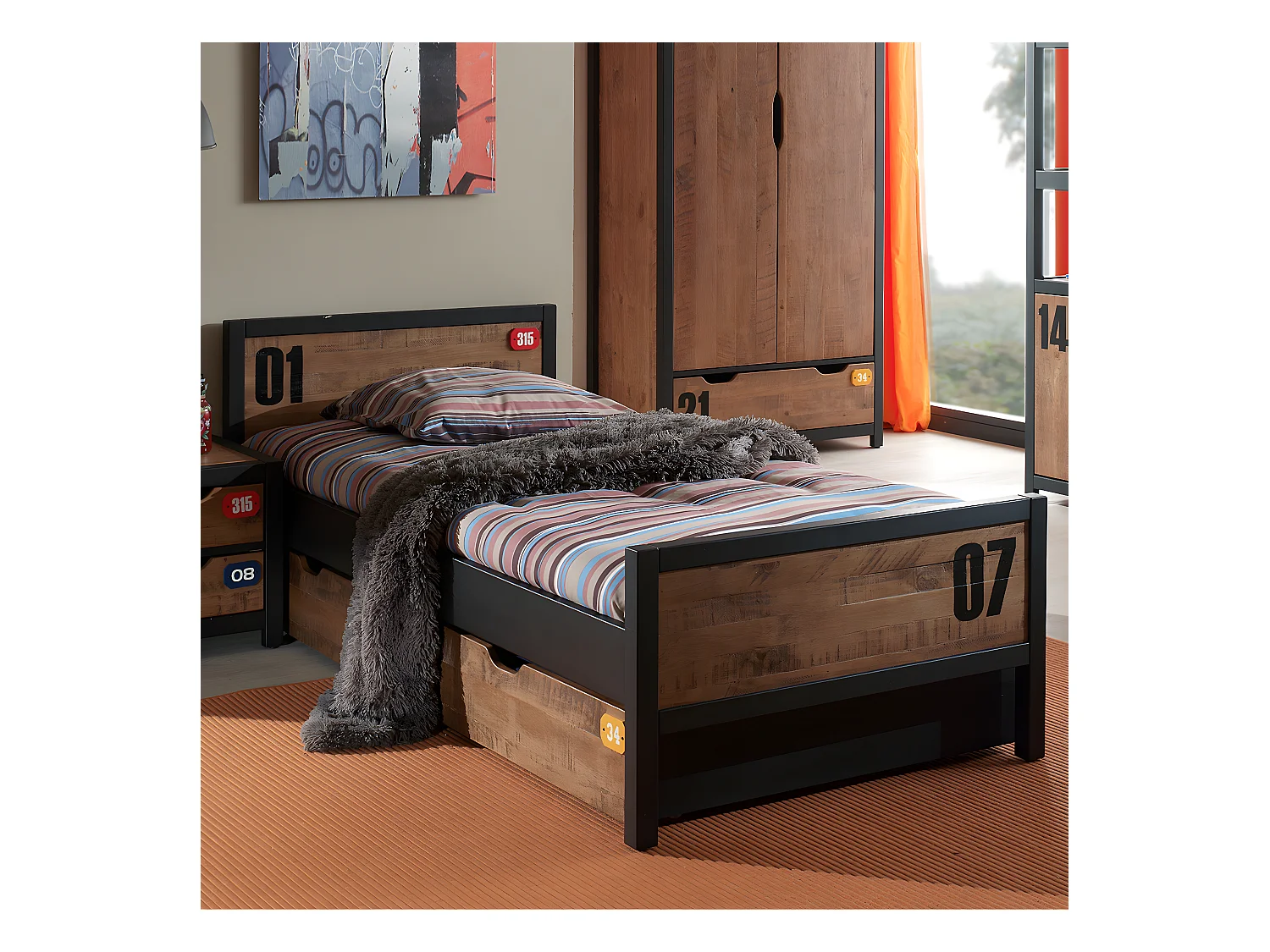 TCHAD - Lit 90x200cm avec Tiroir en Pin Massif à Motifs