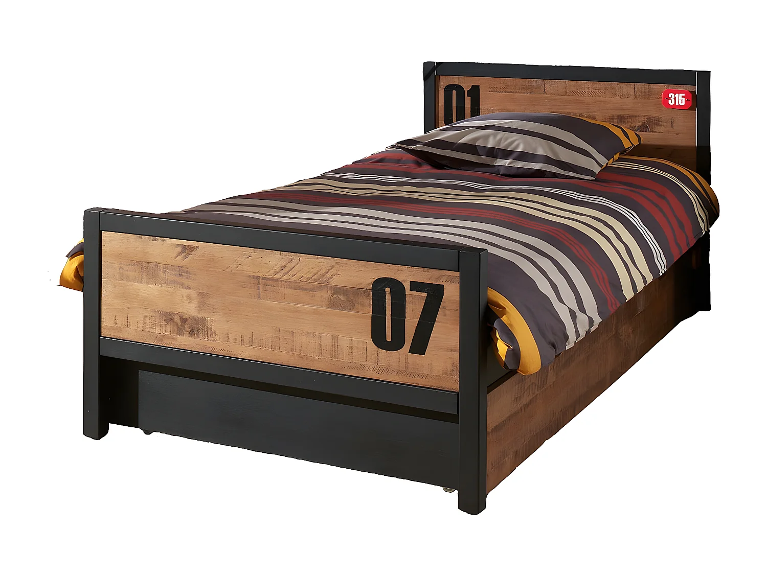 TCHAD - Lit 90x200cm avec Tiroir en Pin Massif à Motifs