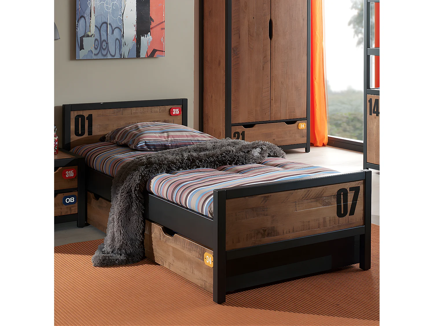 TCHAD - Lit 90x200cm avec Tiroir en Pin Massif à Motifs