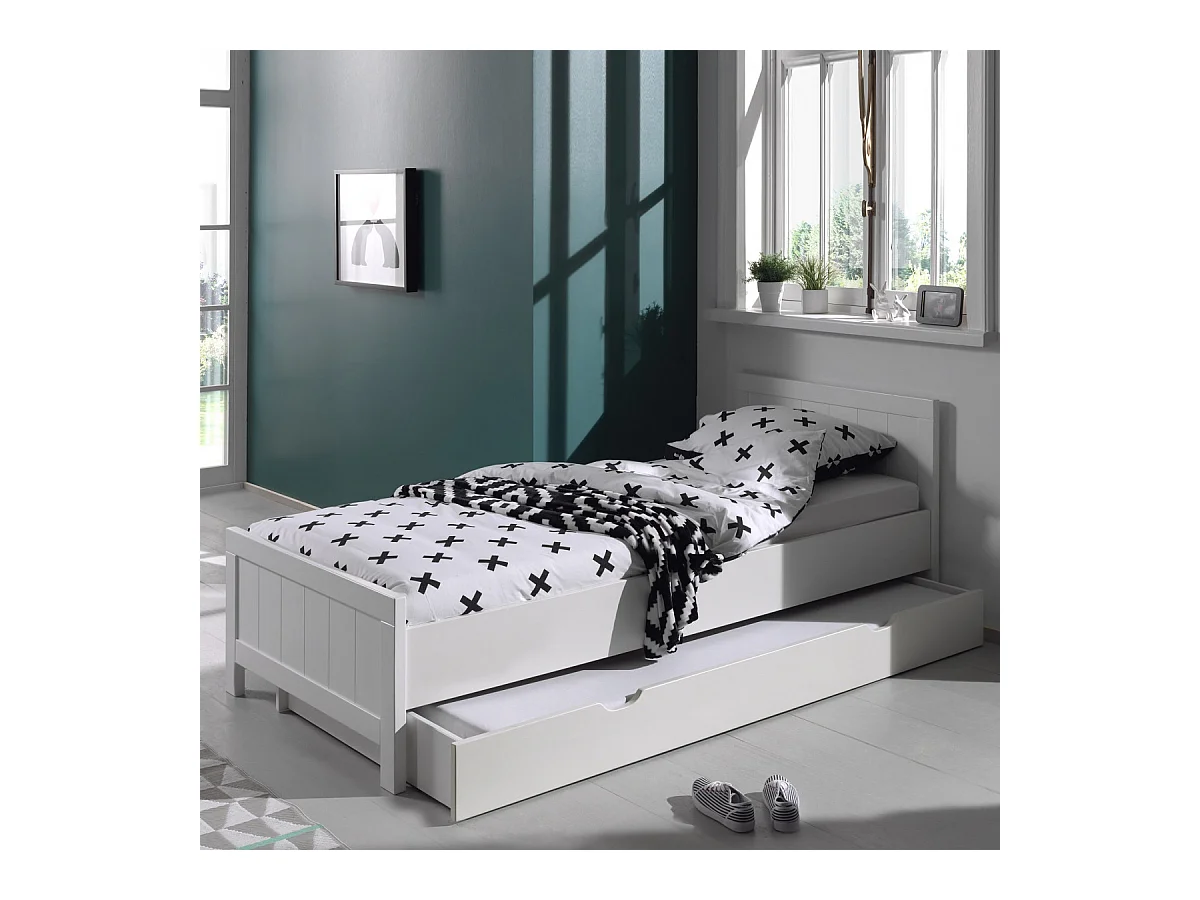 GASTON - Lit 90x200cm avec Tiroir de Lit Laqués Blanc