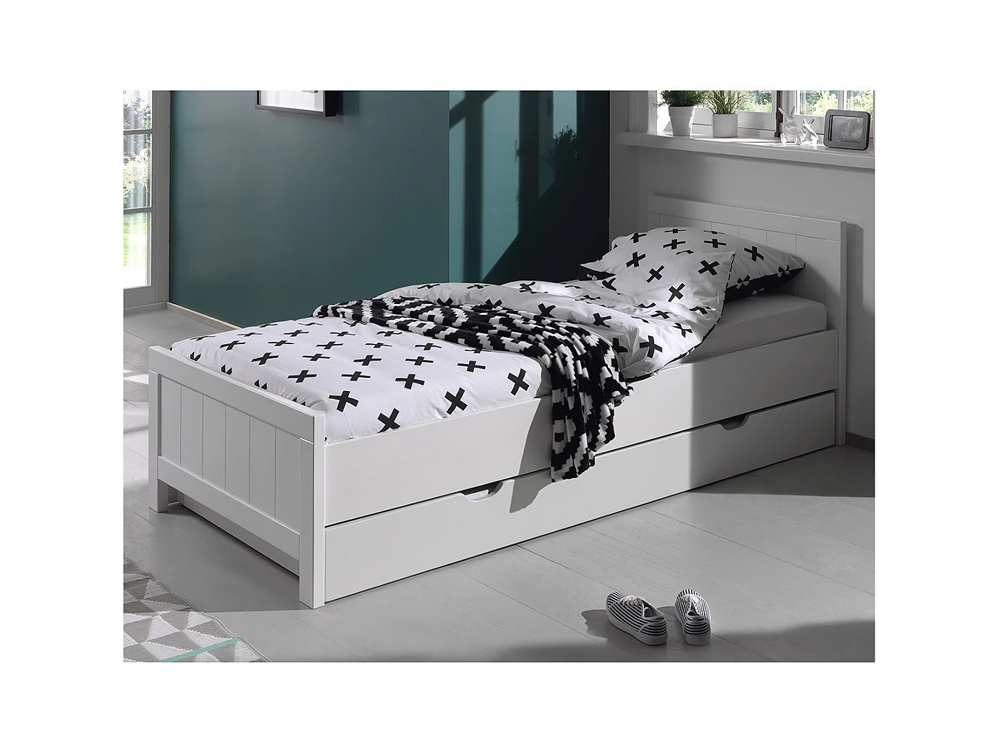 GASTON - Lit 90x200cm avec Tiroir de Lit Laqués Blanc