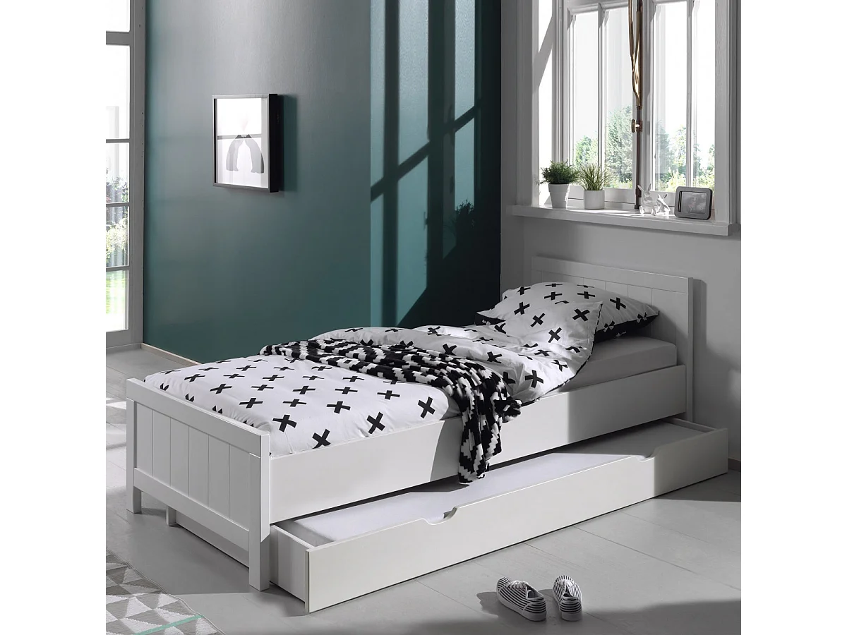 GASTON - Lit 90x200cm avec Tiroir de Lit Laqués Blanc