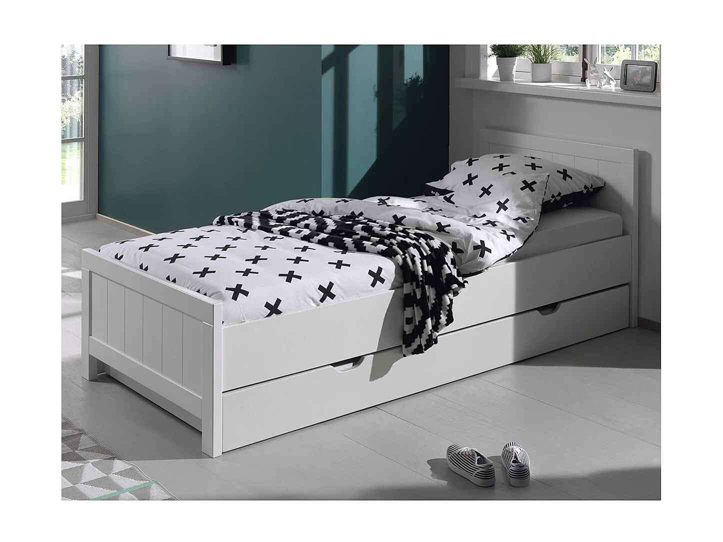 GASTON - Lit 90x200cm avec Tiroir de Lit Laqués Blanc