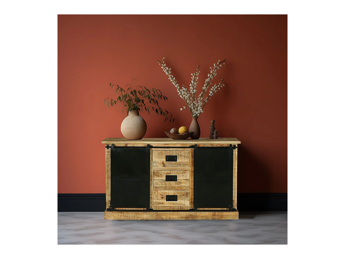 SUMATRA - Buffet 2 Portes 3 Tiroirs Manguier et Métal Noir